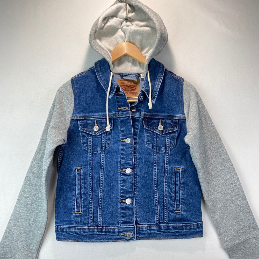 Levi Strauss Hooded Denim Trucker Jacket Kids Size M Blue Gray